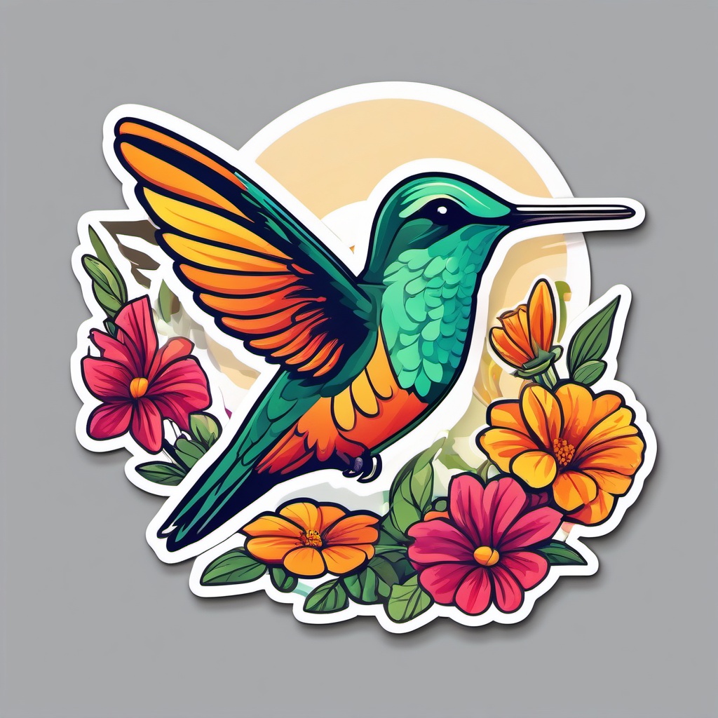 Hummingbird Sticker - A vibrant hummingbird hovering near flowers. ,vector color sticker art,minimal