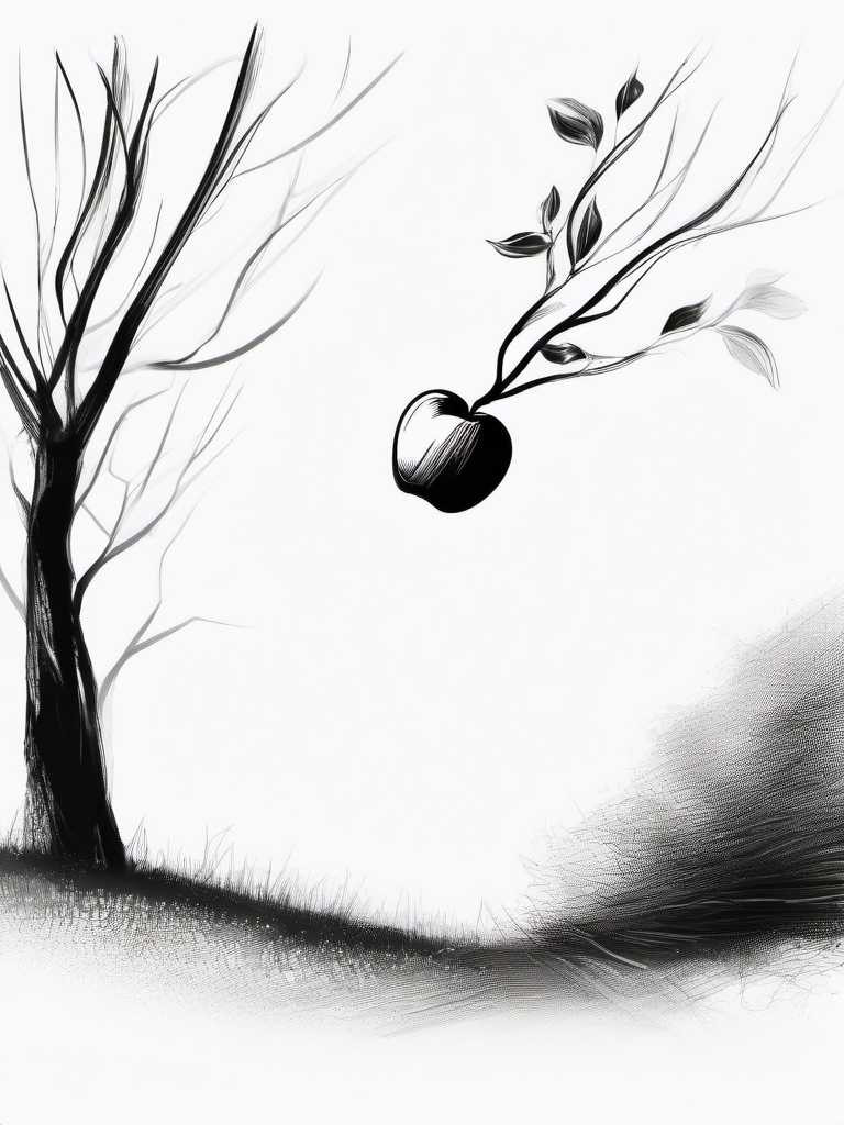 drawing of an apple falling from a tree  minimal rough sketch scribbles,doodles,black and white