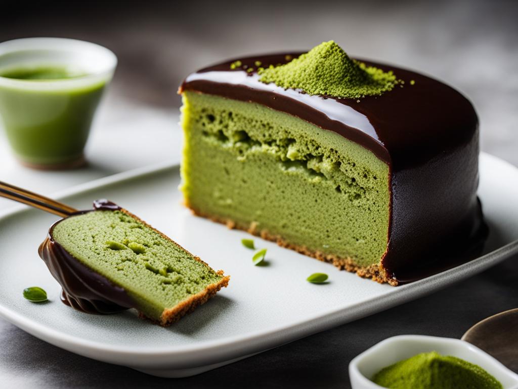 matcha green tea cake with matcha ganache, enjoyed at a serene japanese garden. 