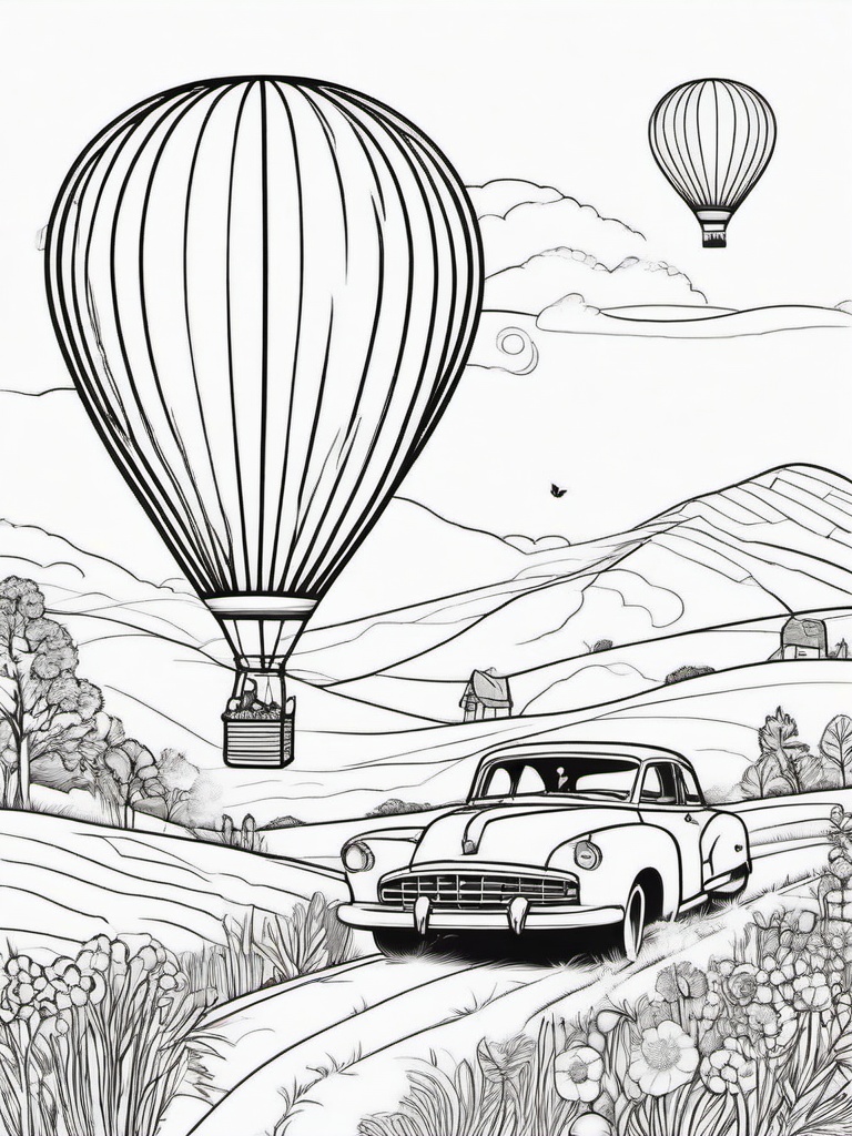 Car with a Hot Air Balloon Coloring Pages - Whimsical Scene with a Balloon  minimal black outline printable sheet, coloring page