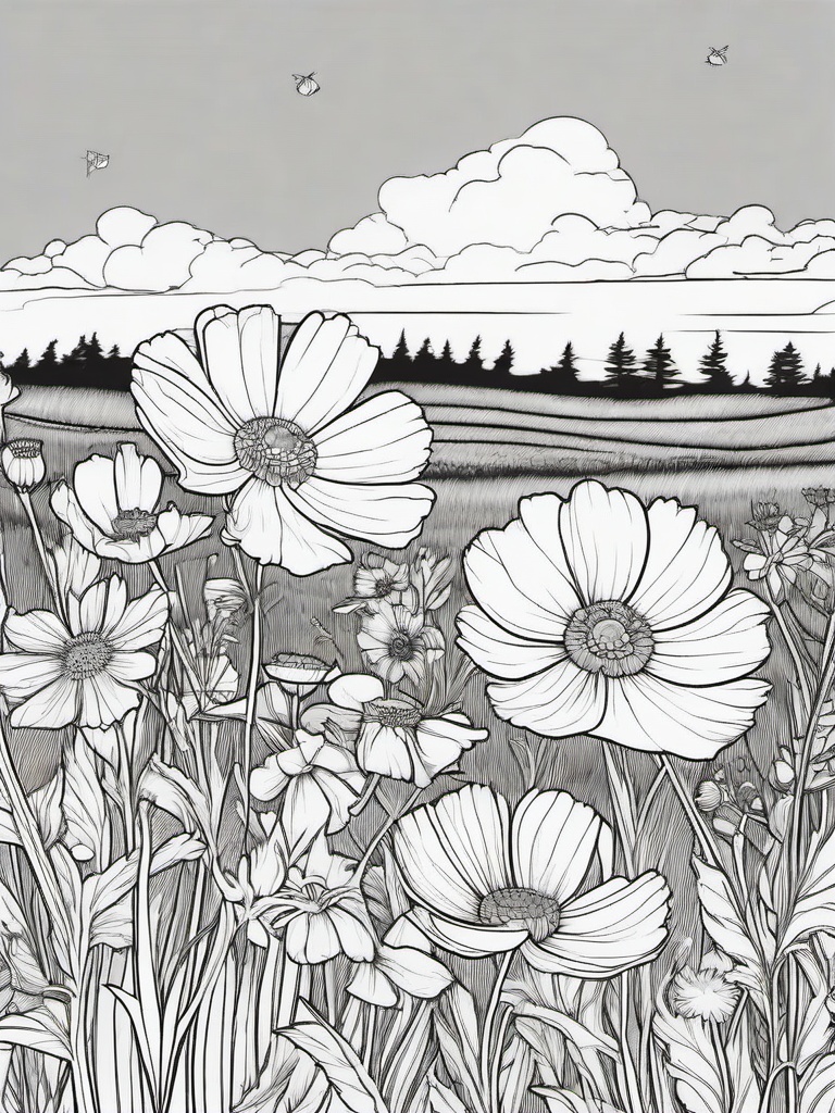 Cosmos coloring page sheet - Cosmos flowers growing wild in a country meadow.  black outline printable coloring page