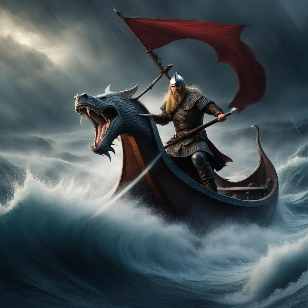 viking warrior battling a fierce sea serpent in the midst of a raging storm. 