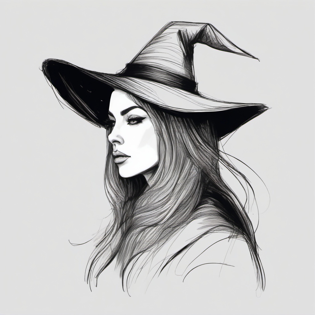 drawing of a witch wearing a pointed hat  minimal rough sketch scribbles,doodles,black and white