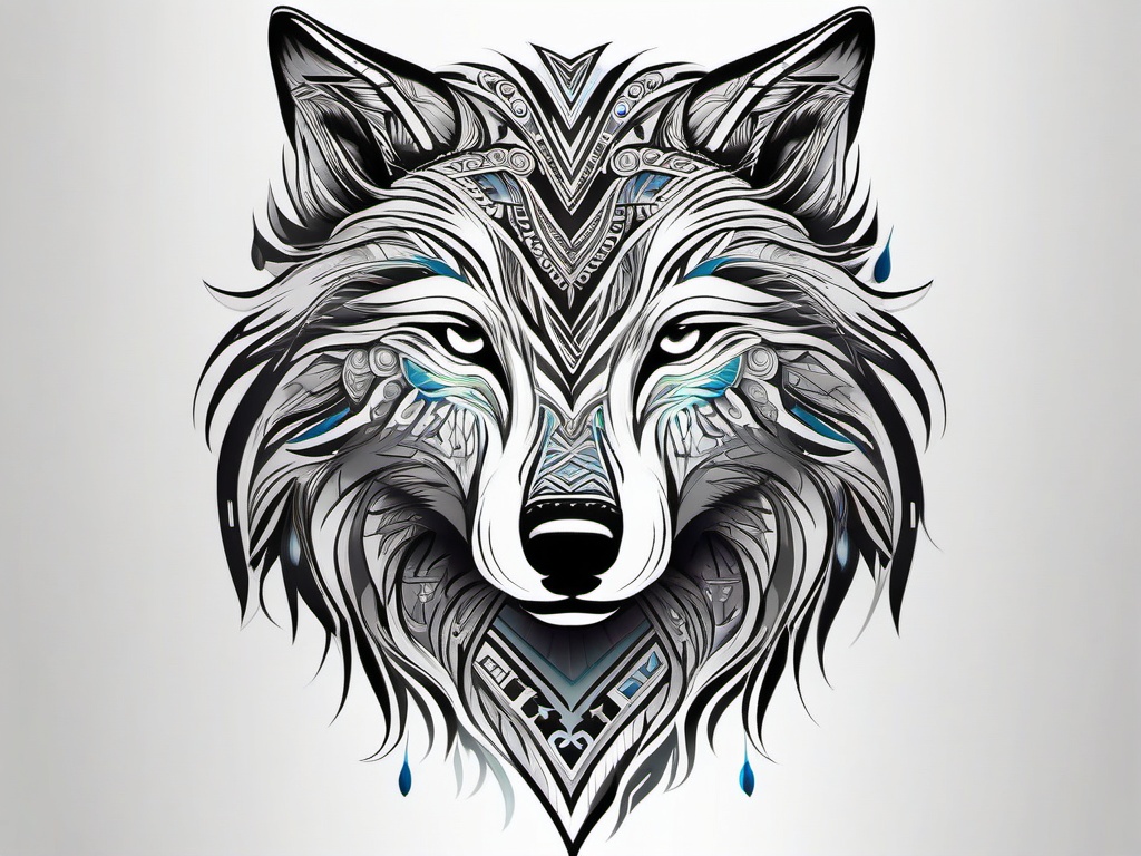 Tribal Wolf,intricate tribal patterns, united to pay homage to the wolf's spirit, symbol of unity and strength. , color tattoo design, white clean background