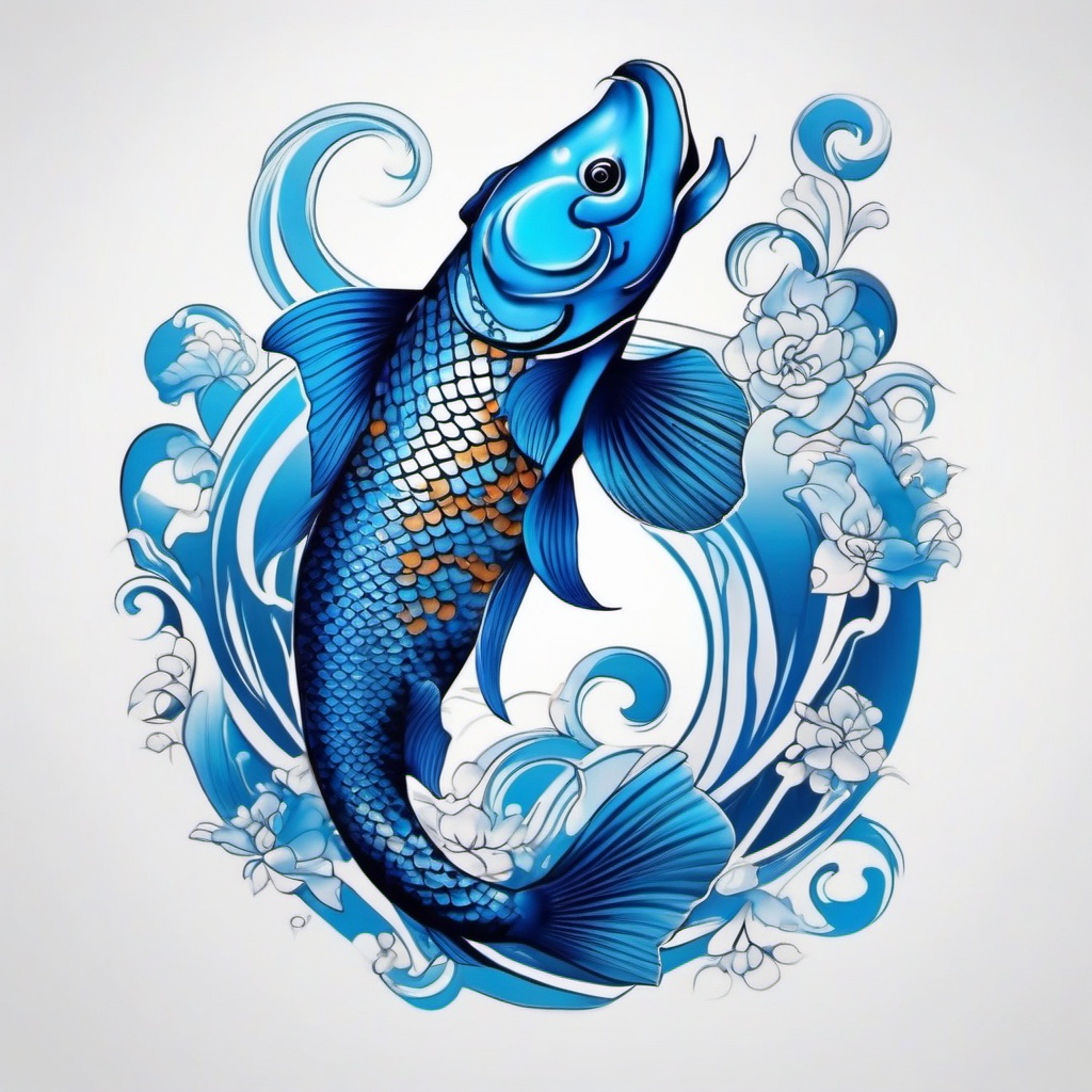 Blue Koi Fish Tattoo,a striking blue koi fish tattoo, signifying tranquility and aspiration. , color tattoo design, white clean background