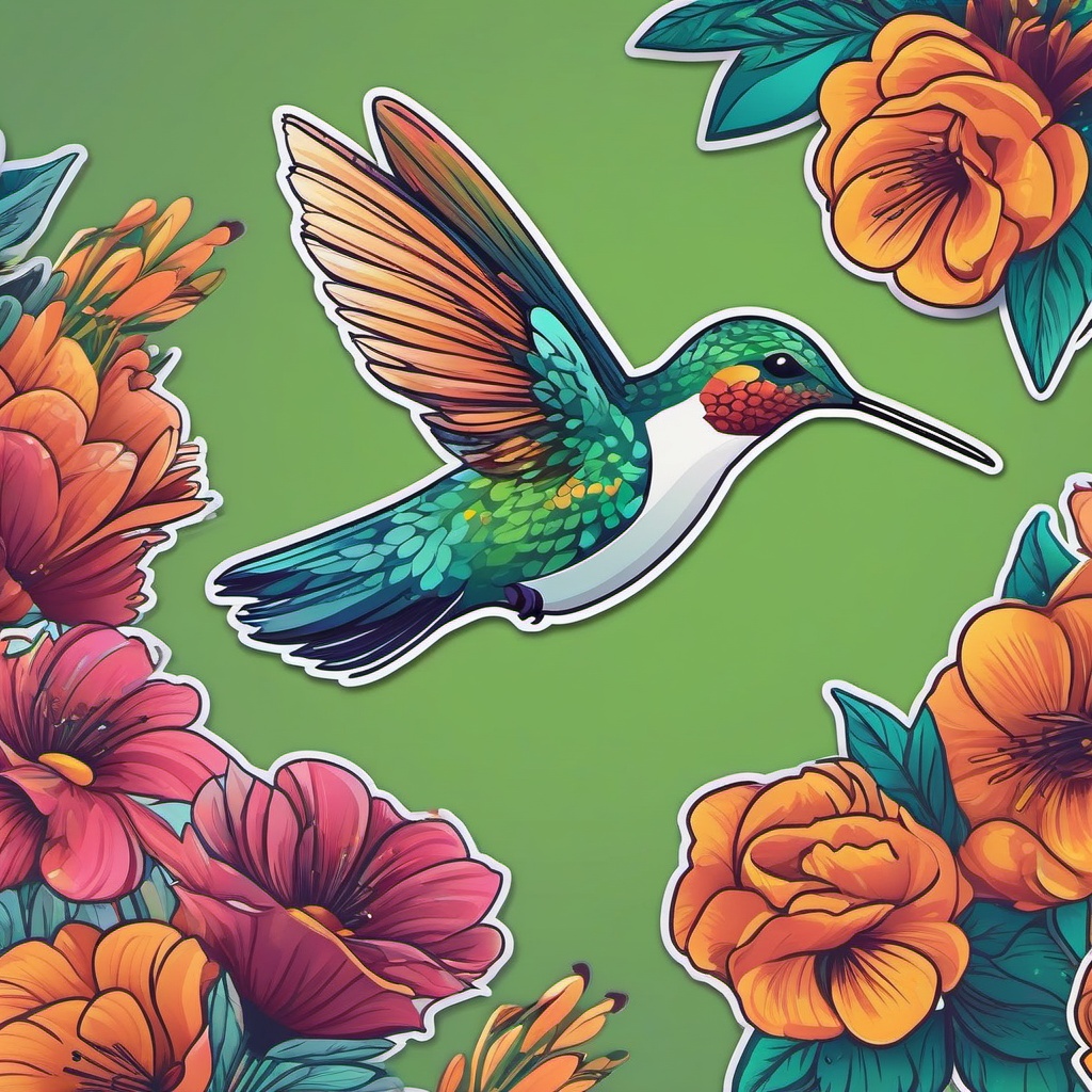 Hummingbird Sticker - A vibrant hummingbird hovering near flowers. ,vector color sticker art,minimal