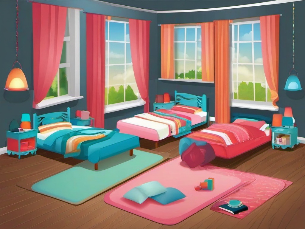 Bed clipart - sleepover setup with multiple beds  