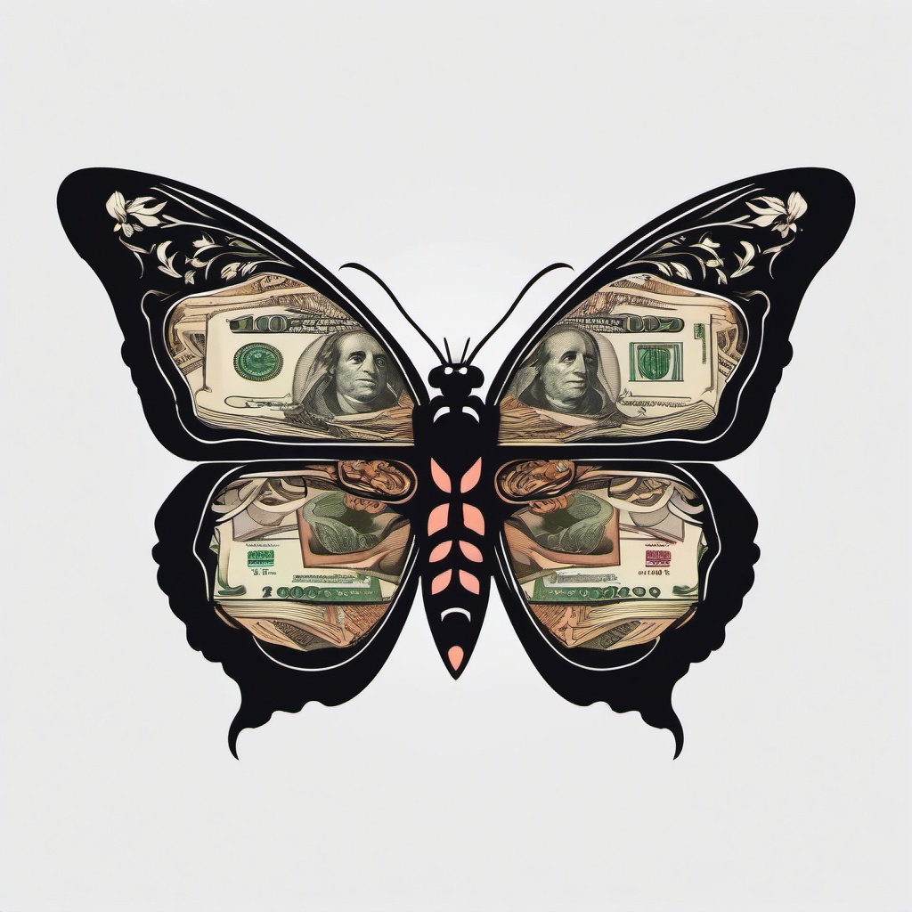 money butterfly tattoo  simple color tattoo, minimal, white background