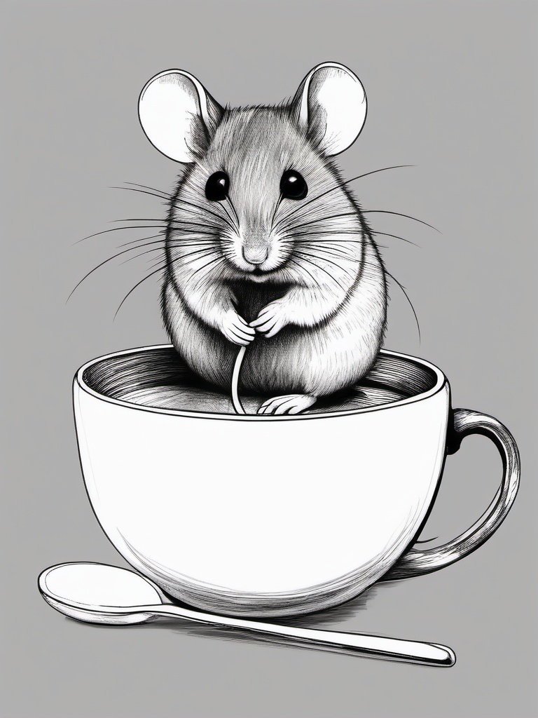 drawing of a mouse hiding in a teacup  minimal rough sketch scribbles,doodles,black and white