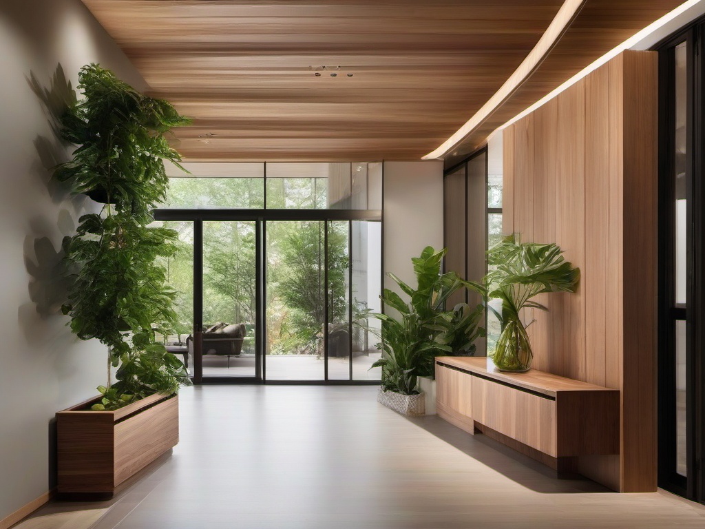 Biophilic interior design in the foyer showcases natural wood finishes, abundant light, and indoor plants, creating a warm and inviting entry into the home.  