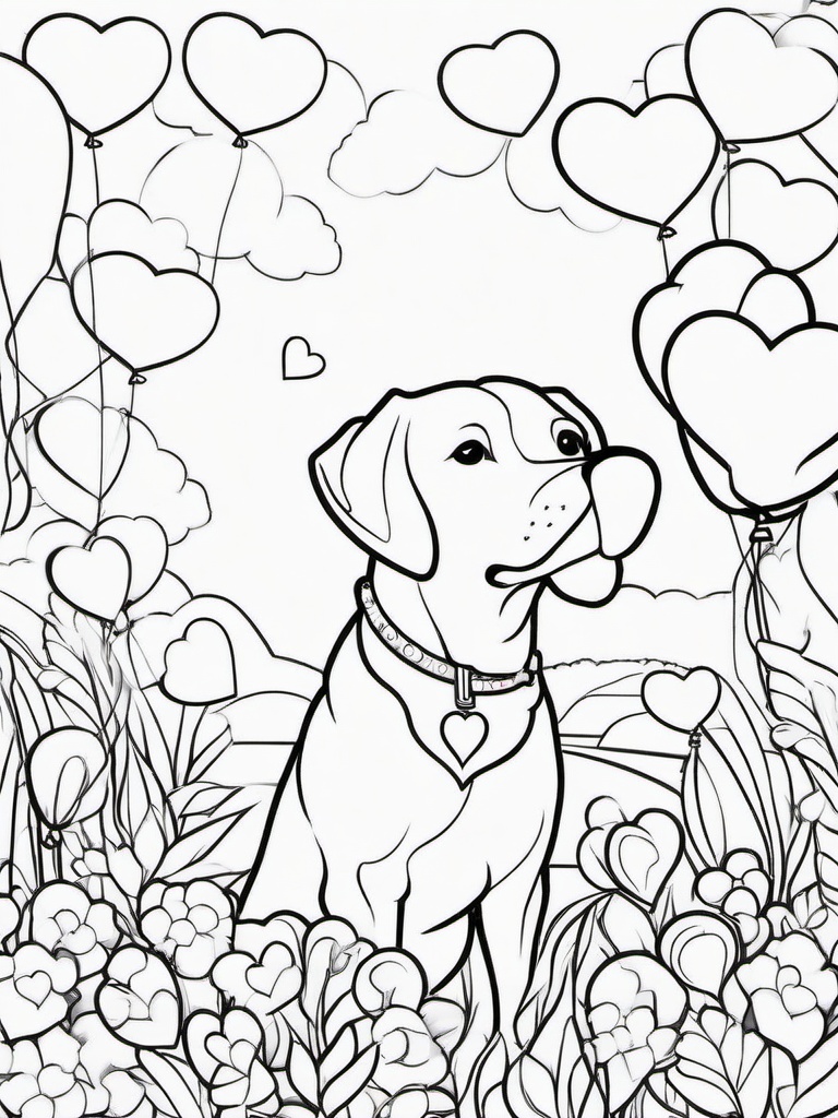 Dog and Heart Balloons Coloring Pages - Sweet Dog with Floating Hearts  minimal black outline printable sheet, coloring page