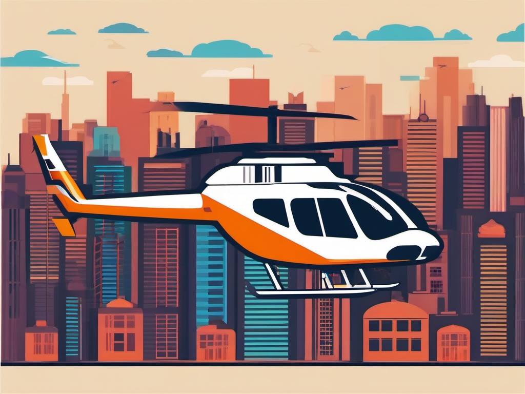 Helicopter Clipart - A helicopter in flight above the cityscape.  transport, color vector clipart, minimal style