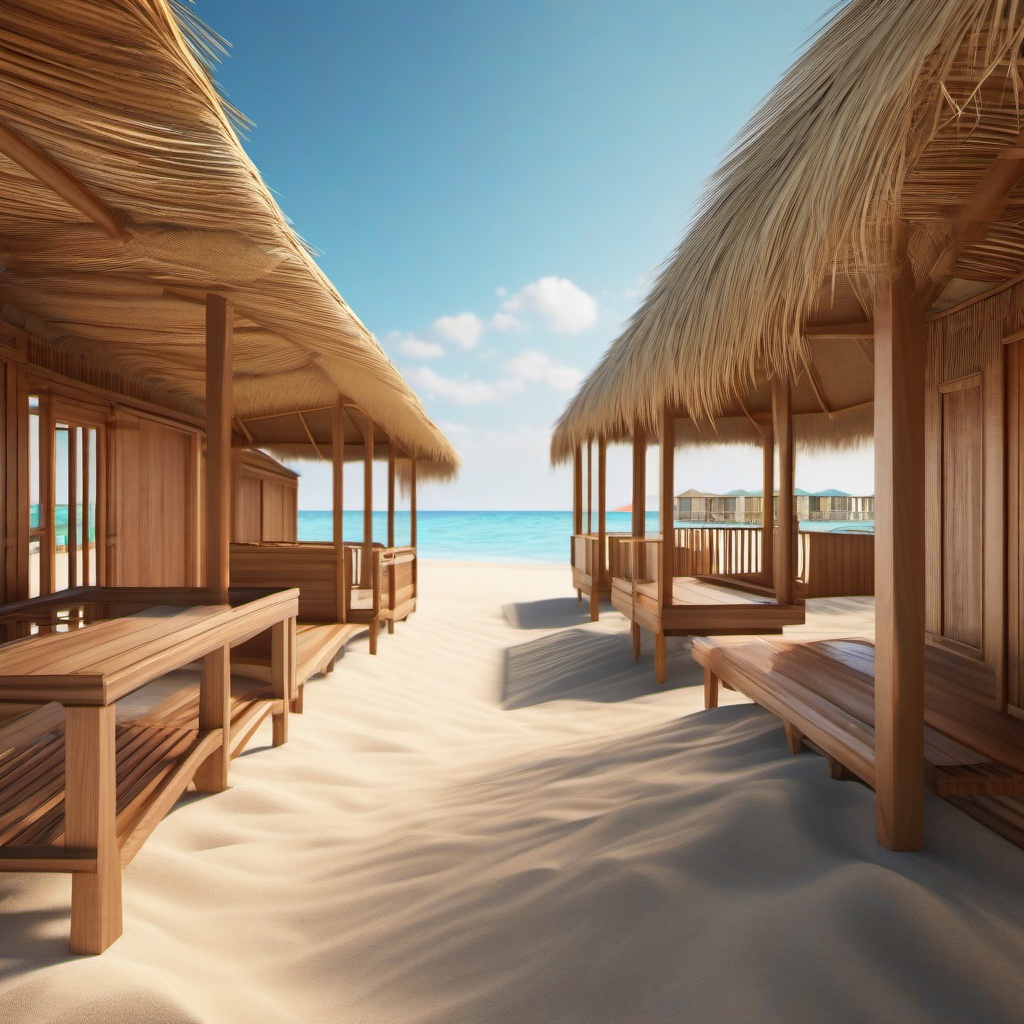 Sandy beach huts and cabanas close shot perspective view, photo realistic background, hyper detail, high resolution