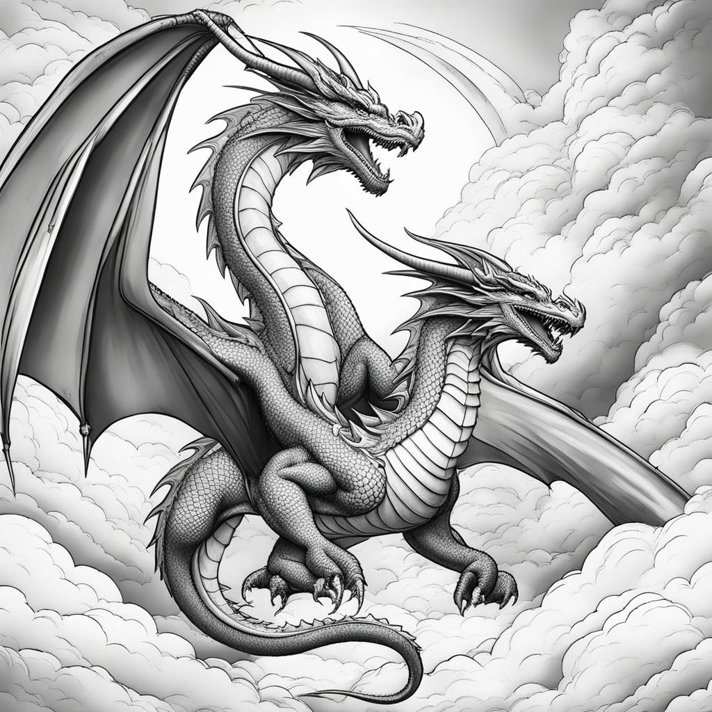 dragon coloring pages - two dragons engage in an epic aerial battle amid stormy clouds. 