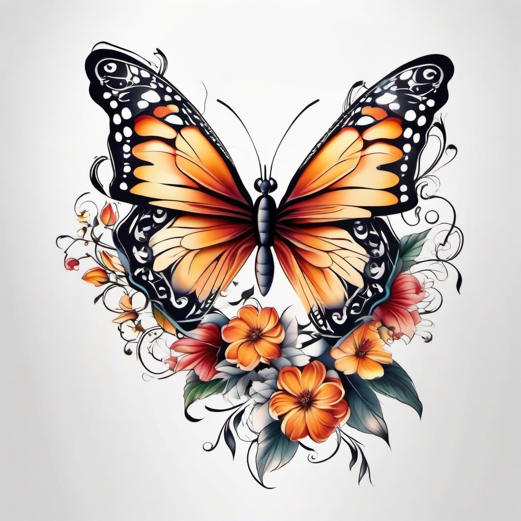 Butterfly flower tattoo,Combining butterflies and floral elements in tattoos. tattoo design, white background