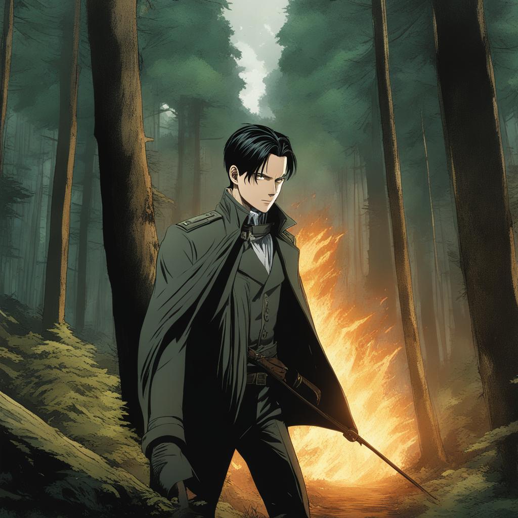 levi ackerman maneuvers gracefully through a dense forest while taking down titans. 