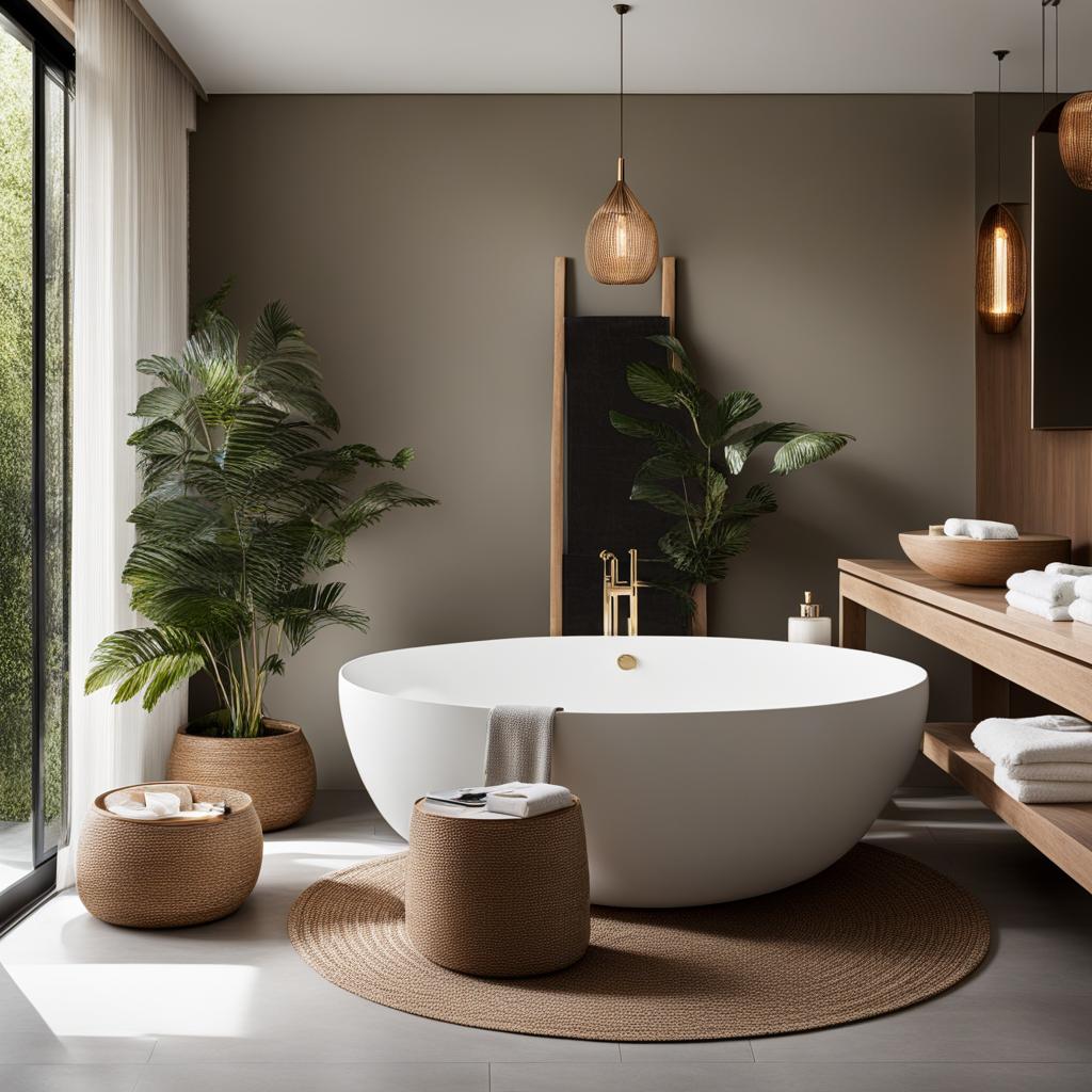 serene bathroom with a freestanding soaking tub and spa-like decor. 