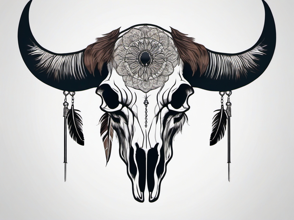 Bison skull with feathers ink. Spiritual connection.  minimal color tattoo design