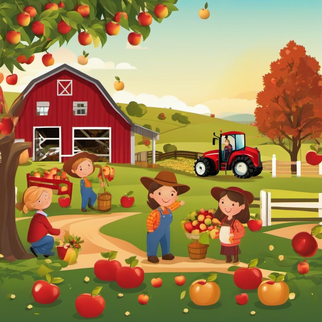 Farm clipart - farm with a family picking apples  