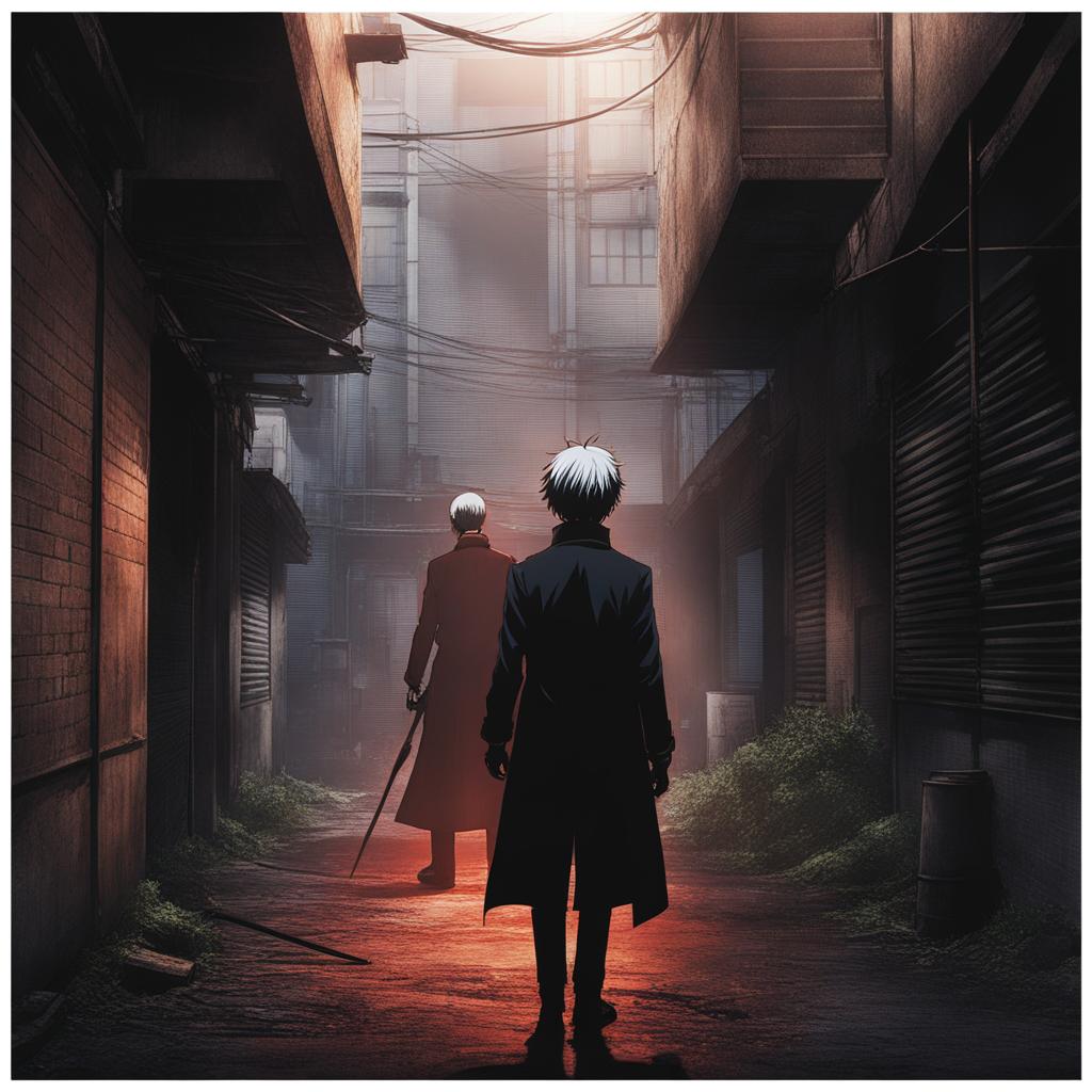 kaneki ken confronts a ghoul adversary in a dark and dilapidated back alley. 