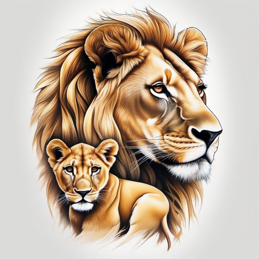 Queen lioness and cub tattoo, Tattoos showcasing the nurturing and regal qualities of lionesses. , color tattoo designs, white clean background