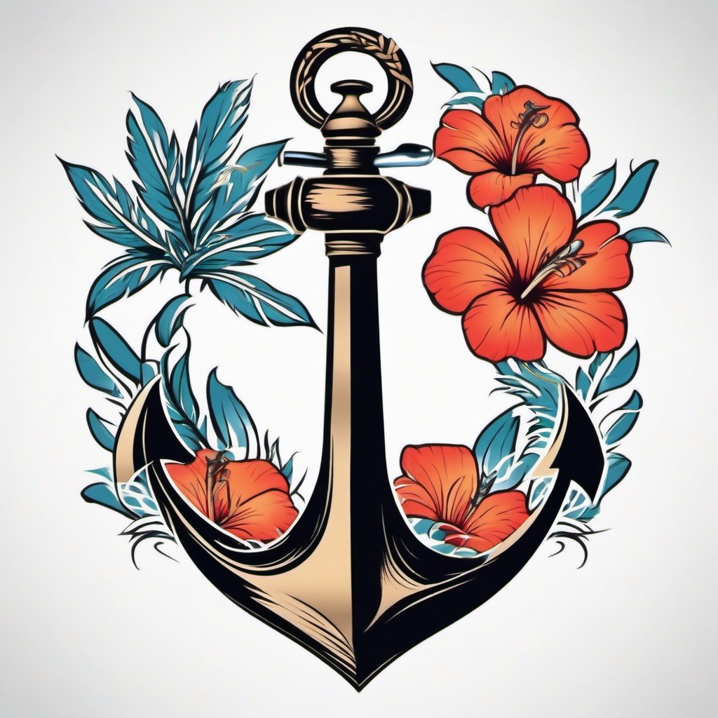 Hawaiian Anchor Tattoo - Infuse nautical symbolism with Hawaiian vibes in a tattoo featuring an anchor inspired by the islands.  simple vector color tattoo,minmal,white background