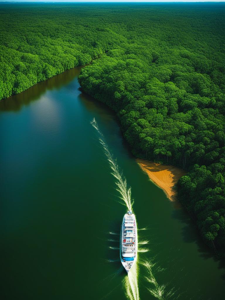 amazon river, cruising down the mighty amazon river through dense rainforest. 