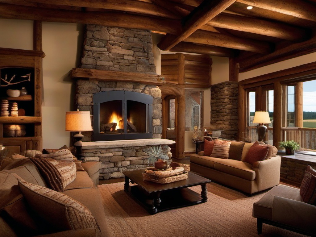 Rustic interior design in the living room features exposed wooden beams, a stone fireplace, and comfortable furnishings that create a warm and inviting atmosphere.  