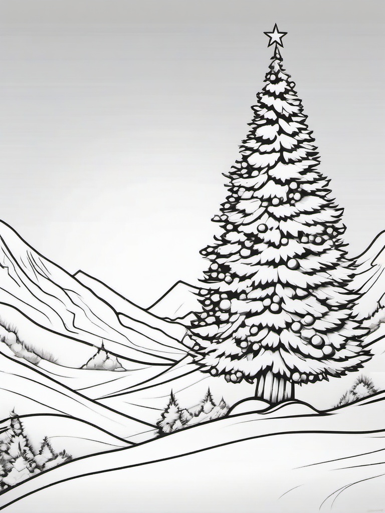 Christmas Tree in Winter Coloring Pages - Decorated Tree in a Snowy Landscape  minimal black outline printable sheet, coloring page