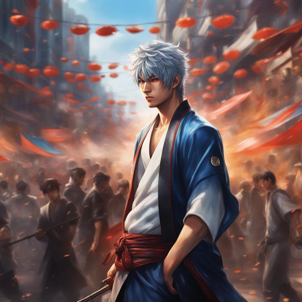 gintoki sakata,leading a riotous rebellion against corrupt officials,a chaotic city square hyperrealistic, intricately detailed, color depth,splash art, concept art, mid shot, sharp focus, dramatic, 2/3 face angle, side light, colorful background