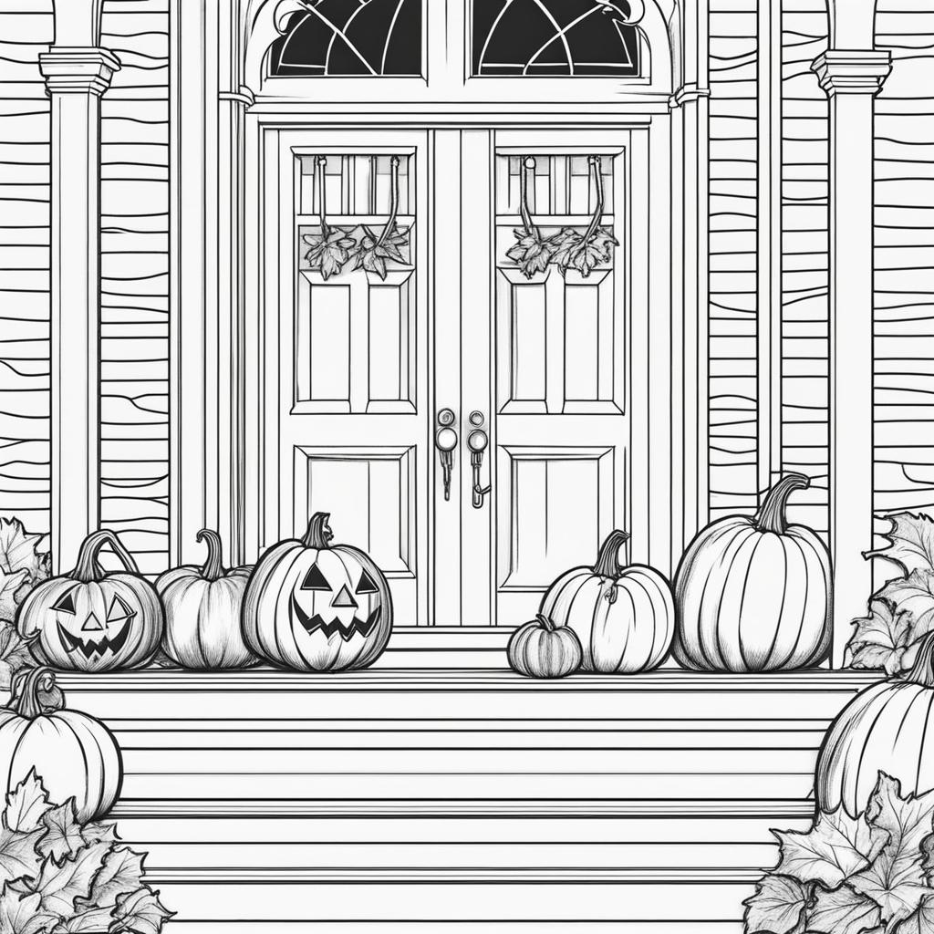 pumpkin coloring pages - a carved pumpkin grins on a doorstep, ready for trick-or-treaters. 