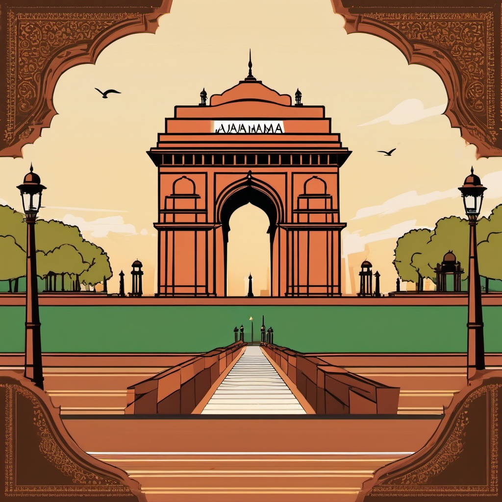 New Delhi clipart - India Gate and Jama Masjid in India,  color vector clipart