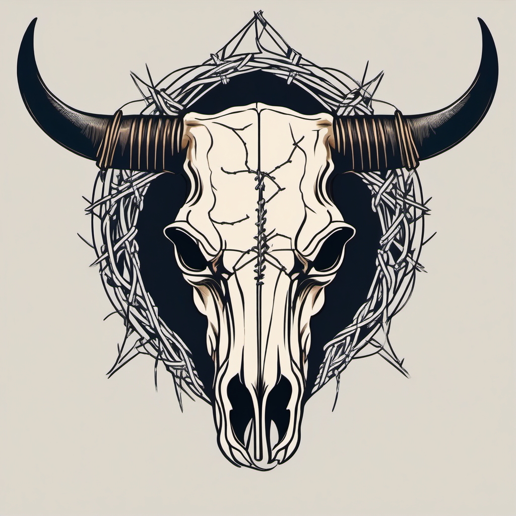 Cow skull with barbed wire design: Symbolizing resilience and boundaries.  simple color tattoo style