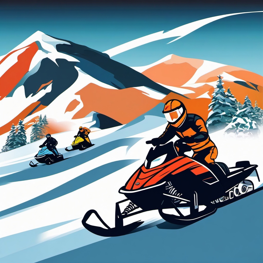 Snowmobile Racing Clipart - Snowmobilers racing in a thrilling competition.  color vector clipart, minimal style