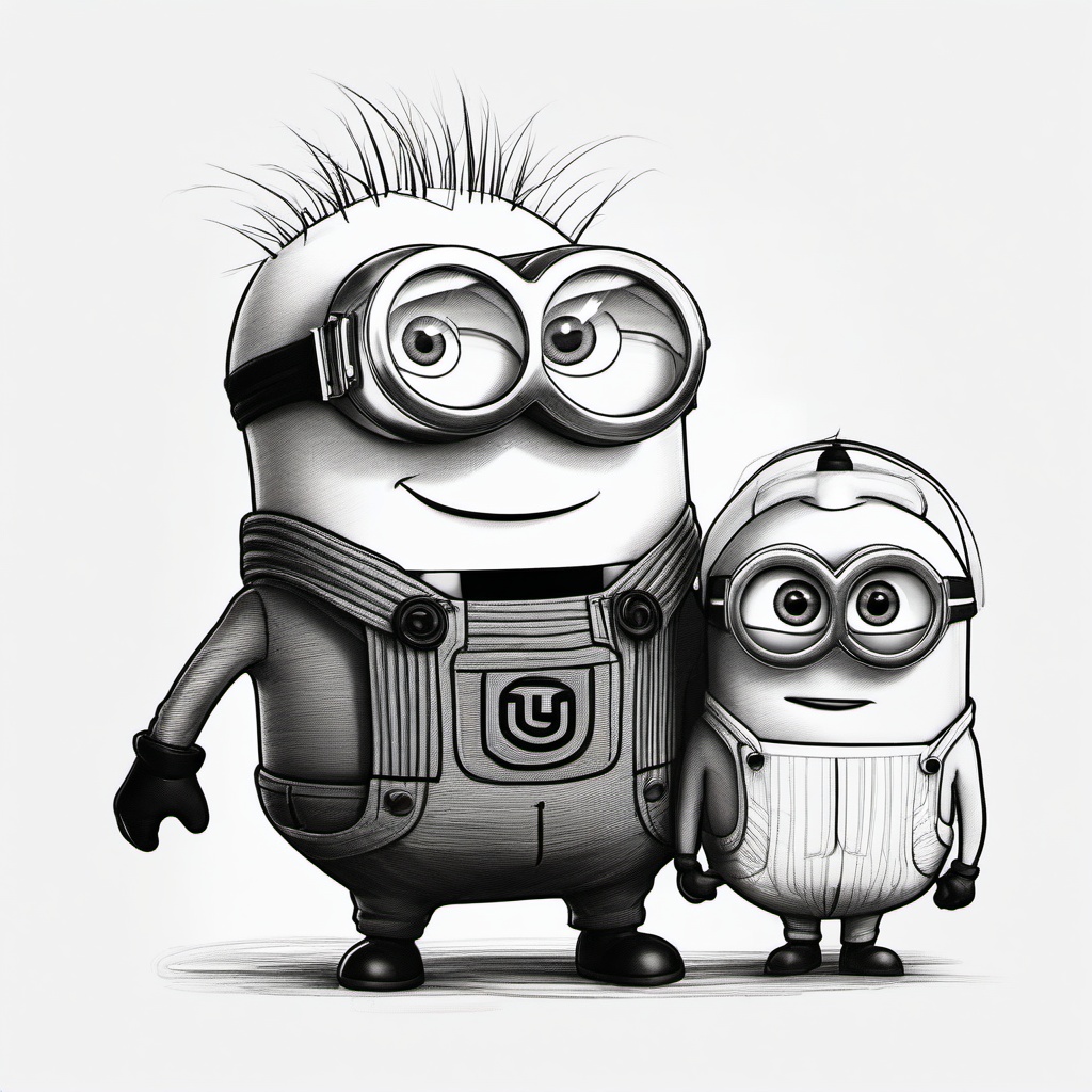 drawing of a minion with a friend  minimal rough sketch scribbles,doodles,black and white