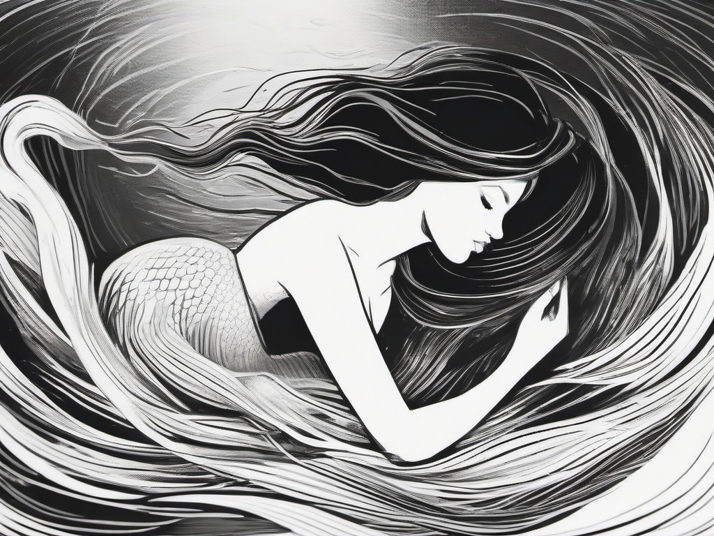 drawing of a mermaid swimming  minimal rough sketch scribbles,doodles,black and white