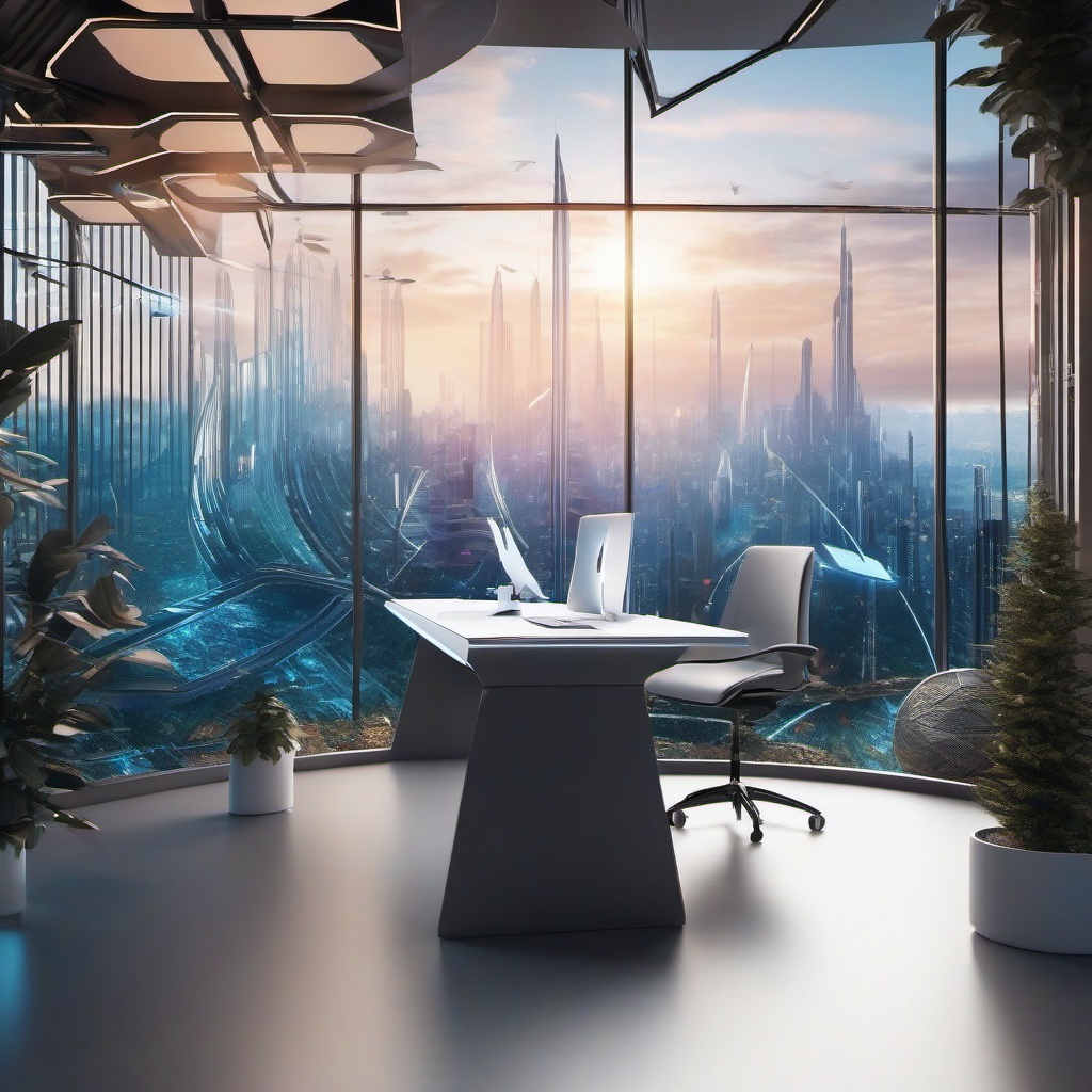 Zoom Background Image - Futuristic Virtual Office with a Scenic Futuristic View  intricate patterns, splash art, wallpaper art