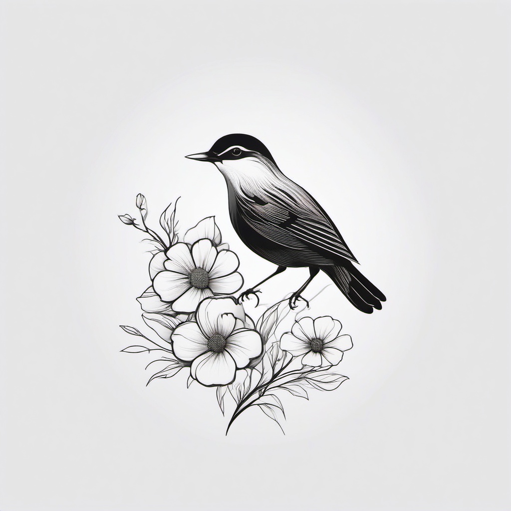 Bird With Flower Tattoo - Bird next to flower  minimal tattoo design, white background