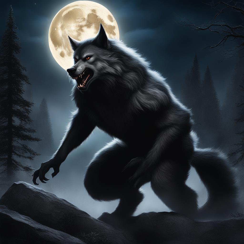 werewolf's transformation - show the dramatic transformation of a character into a fearsome werewolf under the full moon. 