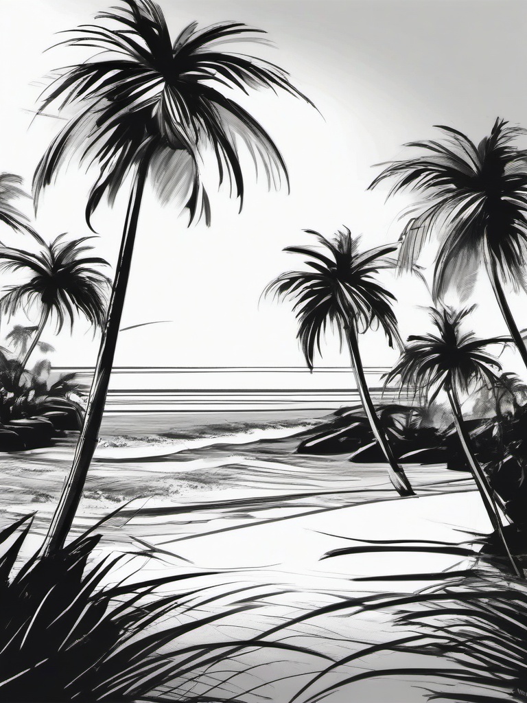 drawing of a beach scene with palm trees  minimal rough sketch scribbles,doodles,black and white