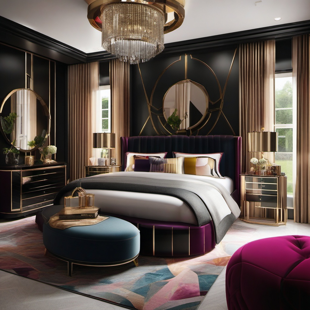 Art Deco Glamour Retreat - Incorporate the glamour and geometric style of art deco. , bedroom interior decor design ideas, multicoloured, photo realistic, hyper detail, high resolution,