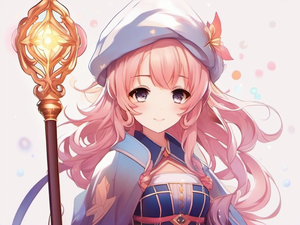 Kawaii anime girl with a magical staff.  front facing ,centered portrait shot, cute anime color style, pfp, full face visible