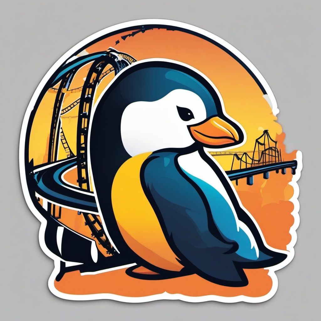 Penguin Roller Coaster Sticker - A penguin experiencing the thrill of a roller coaster ride. ,vector color sticker art,minimal