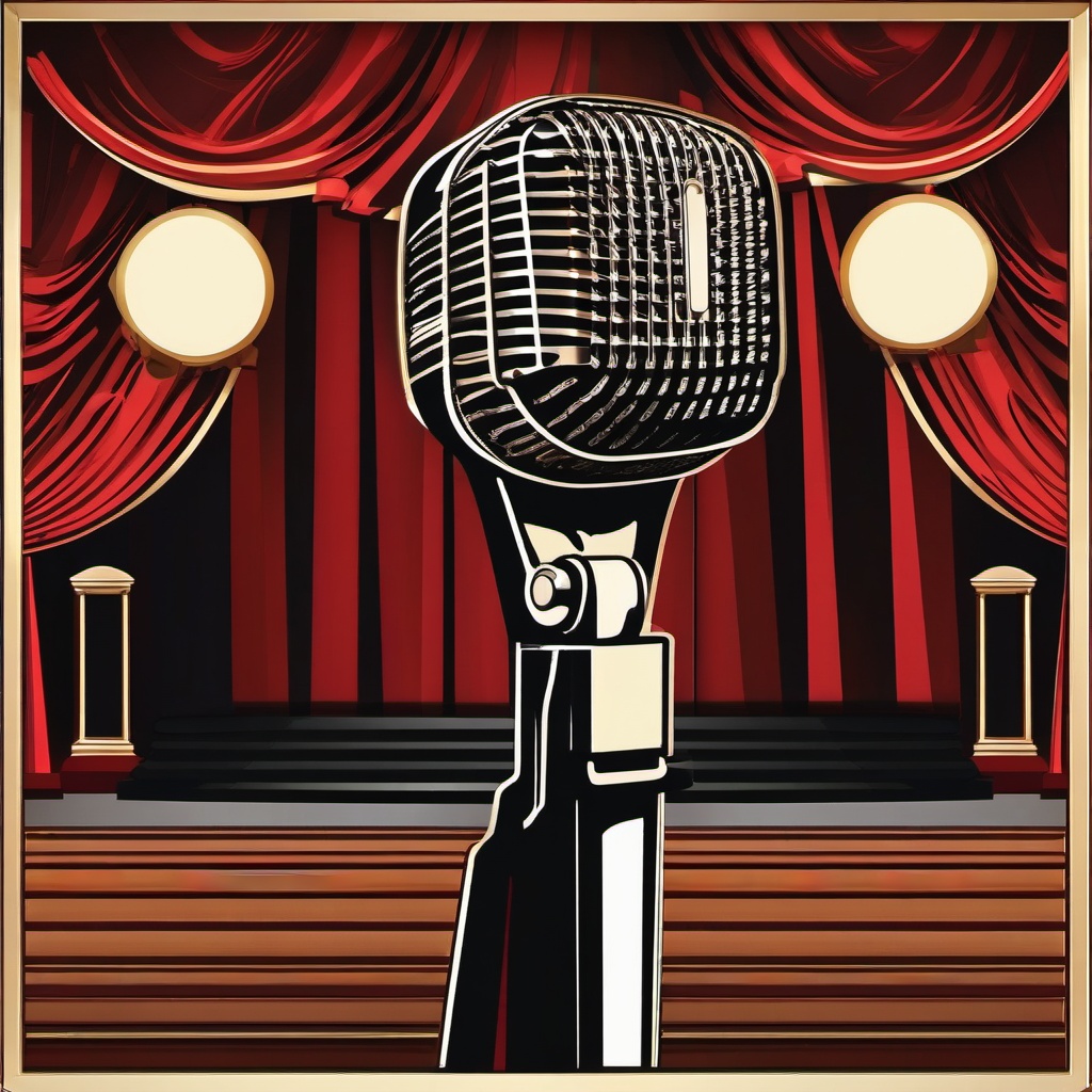 Vintage Microphone on Stage Clipart - Retro microphone on a grand stage.  color clipart, minimalist, vector art, 