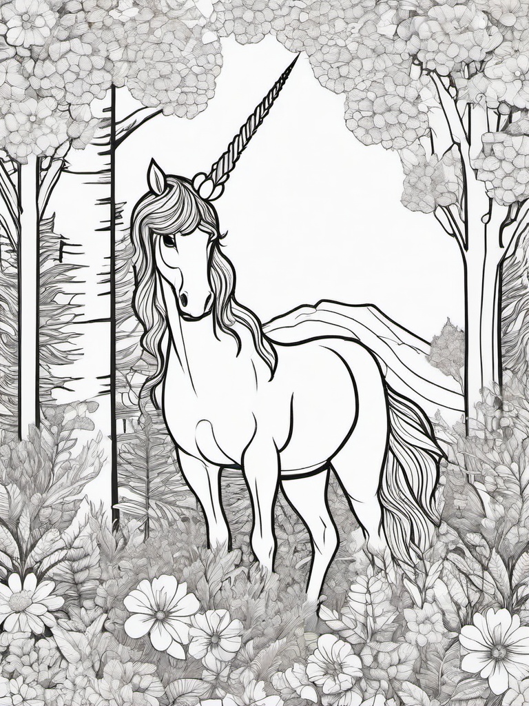 Unicorn in a Forest Coloring Pages - Majestic Unicorn Among Trees and Flowers  minimal black outline printable sheet, coloring page