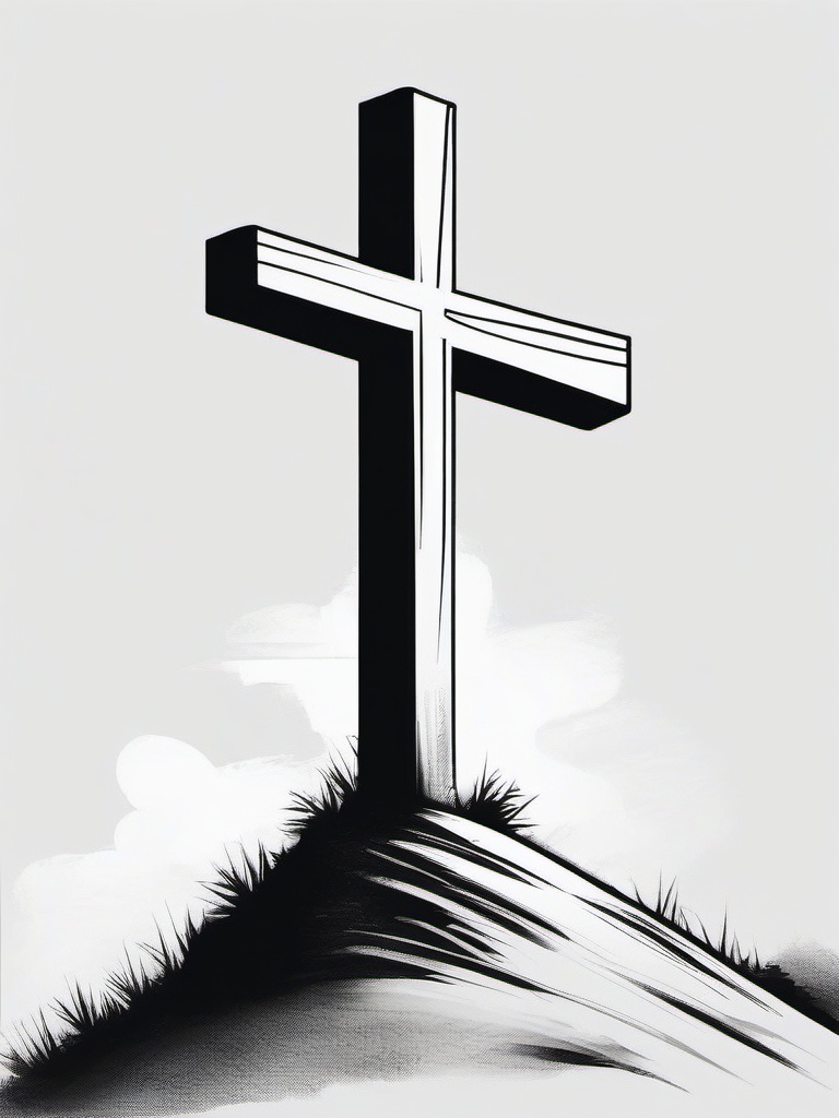 drawing of a cross on a hill  minimal rough sketch scribbles,doodles,black and white