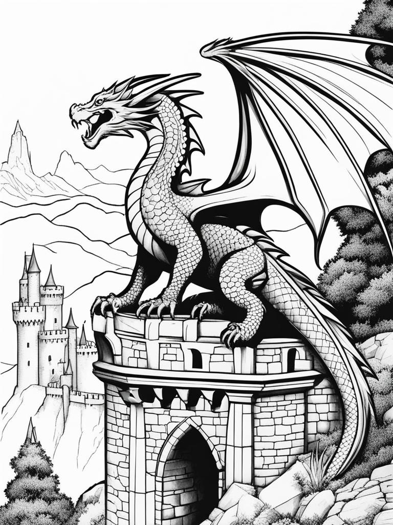 dragon coloring pages - a majestic dragon soars high above a medieval castle. 