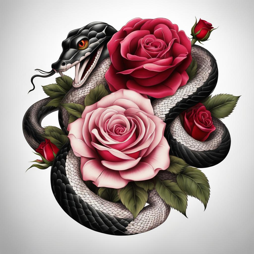 Snake with rose tattoo, Tattoos combining snake imagery with roses.  color, tattoo patterns, white clean background