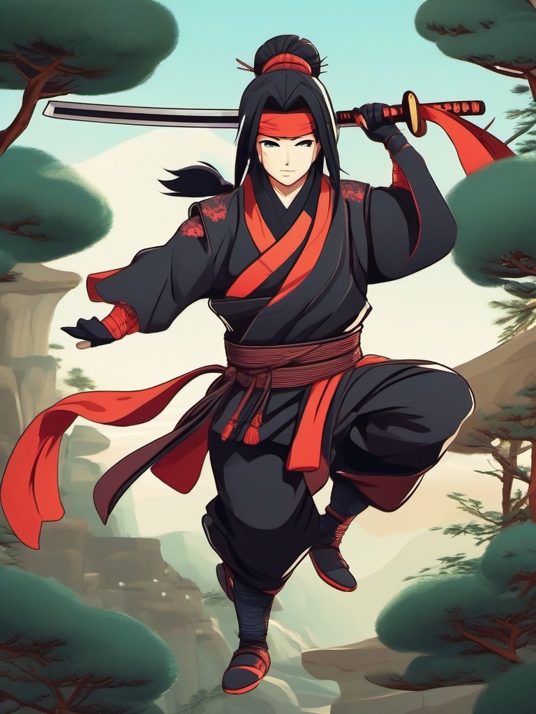 Adventurous ninja character, clad in traditional attire, executing acrobatic moves in ancient Japan.  front facing ,centered portrait shot, cute anime color style, pfp, full face visible