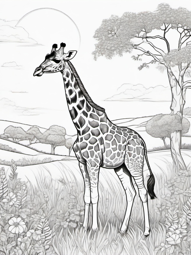 Giraffe Coloring Pages - Giraffe wearing a flower crown in a sunny meadow  simple coloring pages